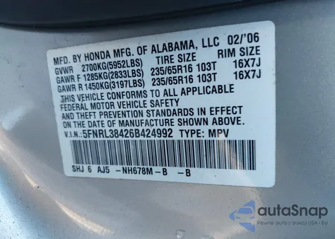 2006 Honda Odyssey Ex z USA, uszkodzony, nr VIN 5FNRL38426B424992